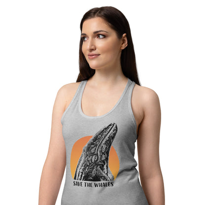 "Save The Whales" Sunset Tank Top, Women's Ideal Racerback Tank Top, Heather Gray, Fitted.