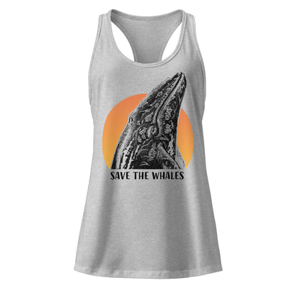 "Save The Whales" Sunset Tank Top, Women's Ideal Racerback Tank Top, Heather Gray, Fitted.