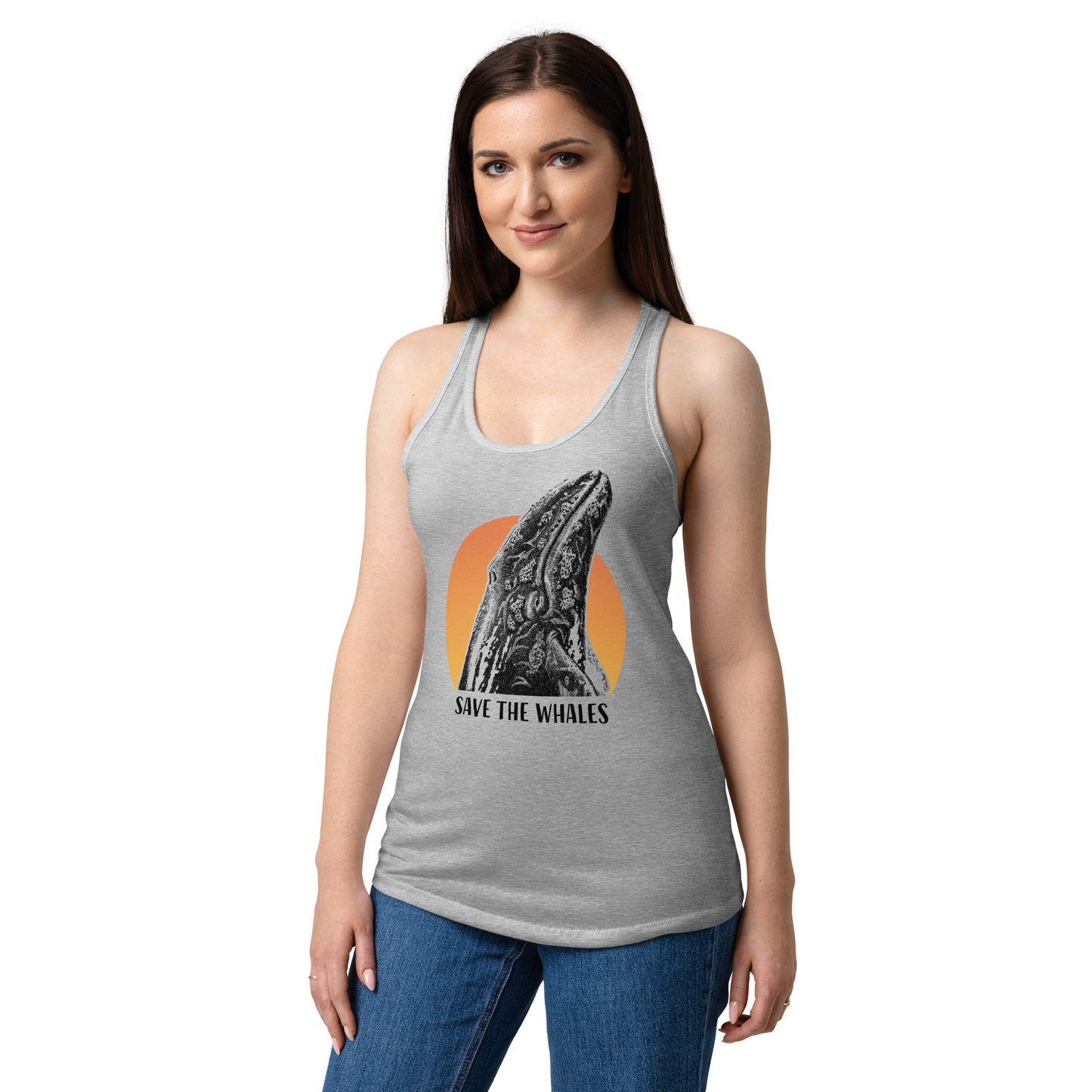 "Save The Whales" Sunset Tank Top, Women's Ideal Racerback Tank Top, Heather Gray, Fitted.
