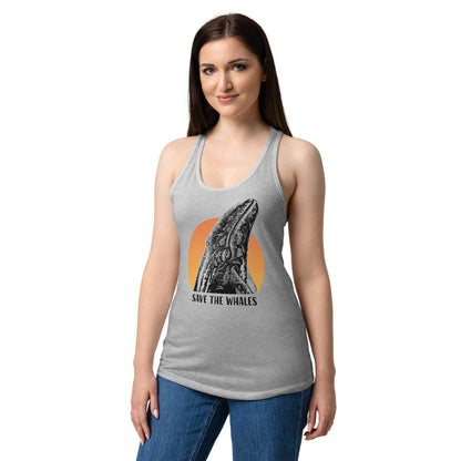 "Save The Whales" Sunset Tank Top, Women's Ideal Racerback Tank Top, Heather Gray, Fitted.