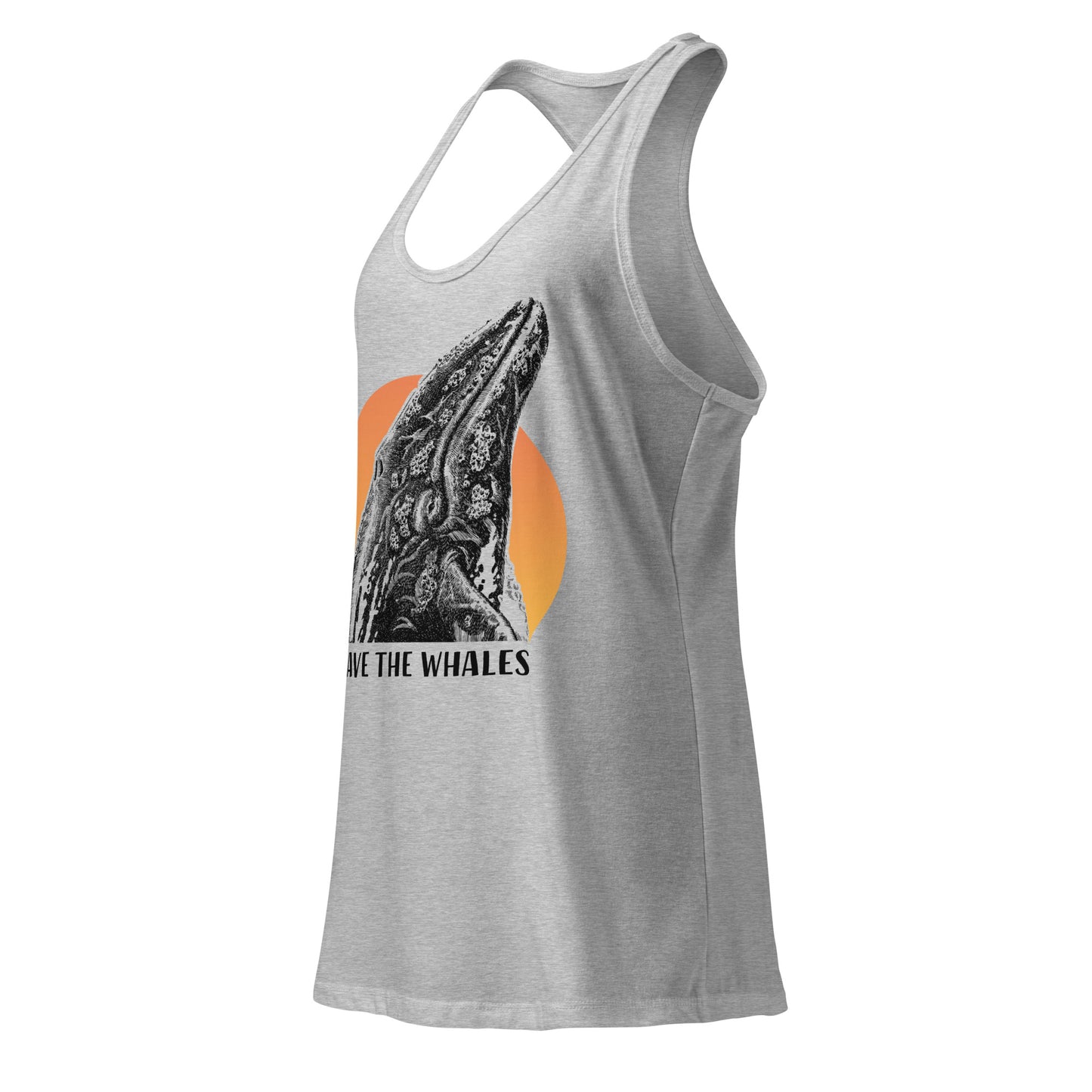 "Save The Whales" Sunset Tank Top, Women's Ideal Racerback Tank Top, Heather Gray, Fitted.